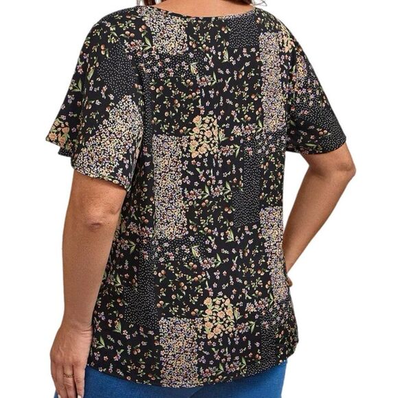 NWT Black Pink Ditsy Floral Button Front Flounce Sleeve Blouse 1XL 14 - Picture 6 of 12
